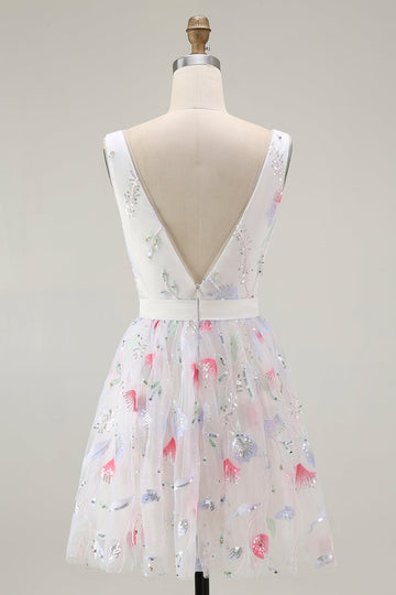 Sparkly Floral White V-Neck Backless A Line Sequin Cocktail Dress